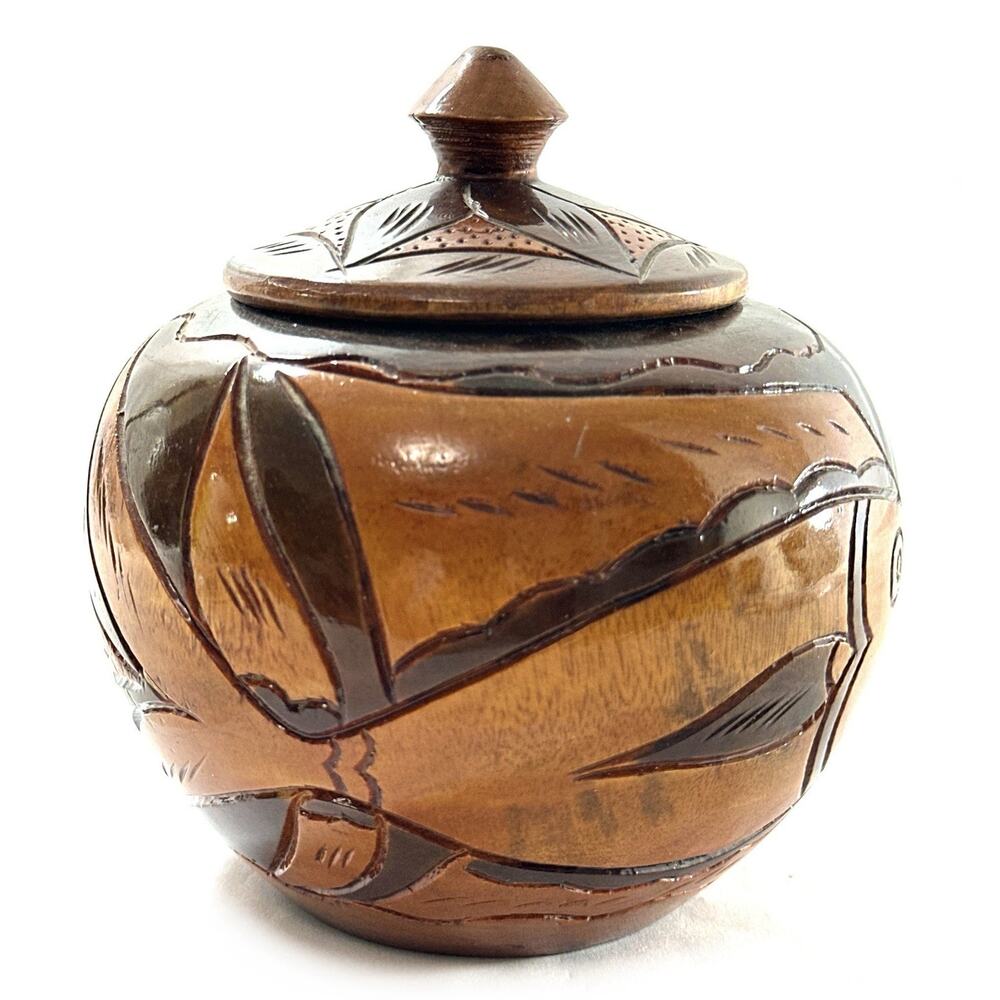 Hand Carved Teak Wood Lidded Jar Indonesian Folk Art Animal Motif Trinket Box 5” - Picture 5 of 9